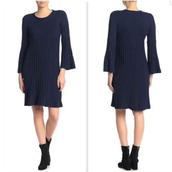 Max Studio Blue Ribbed Long Sleeve Sweater Dress Bell Sleeves Size XS - Picture 11 of 11
